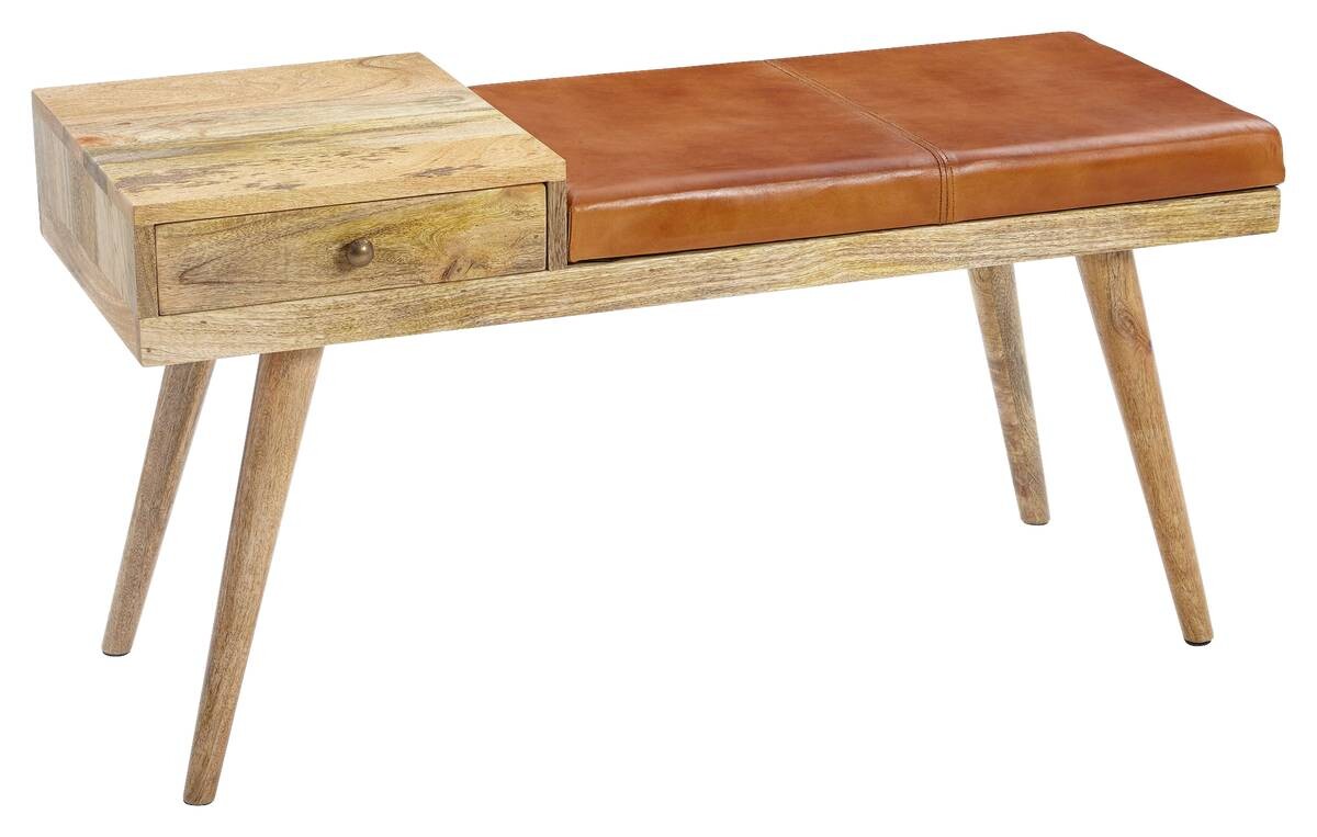 Wohnling Sitzbank natur braun Echtholz Leder B/H/T: ca. 100x52x38 cm