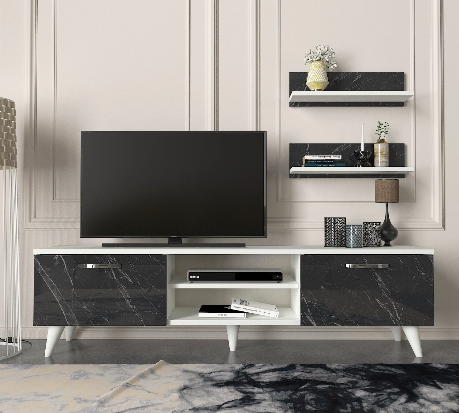 Wohnwand Geacles weiß dunkelgrau Marmor Optik B/H/T: ca. 150x40,6x30 cm