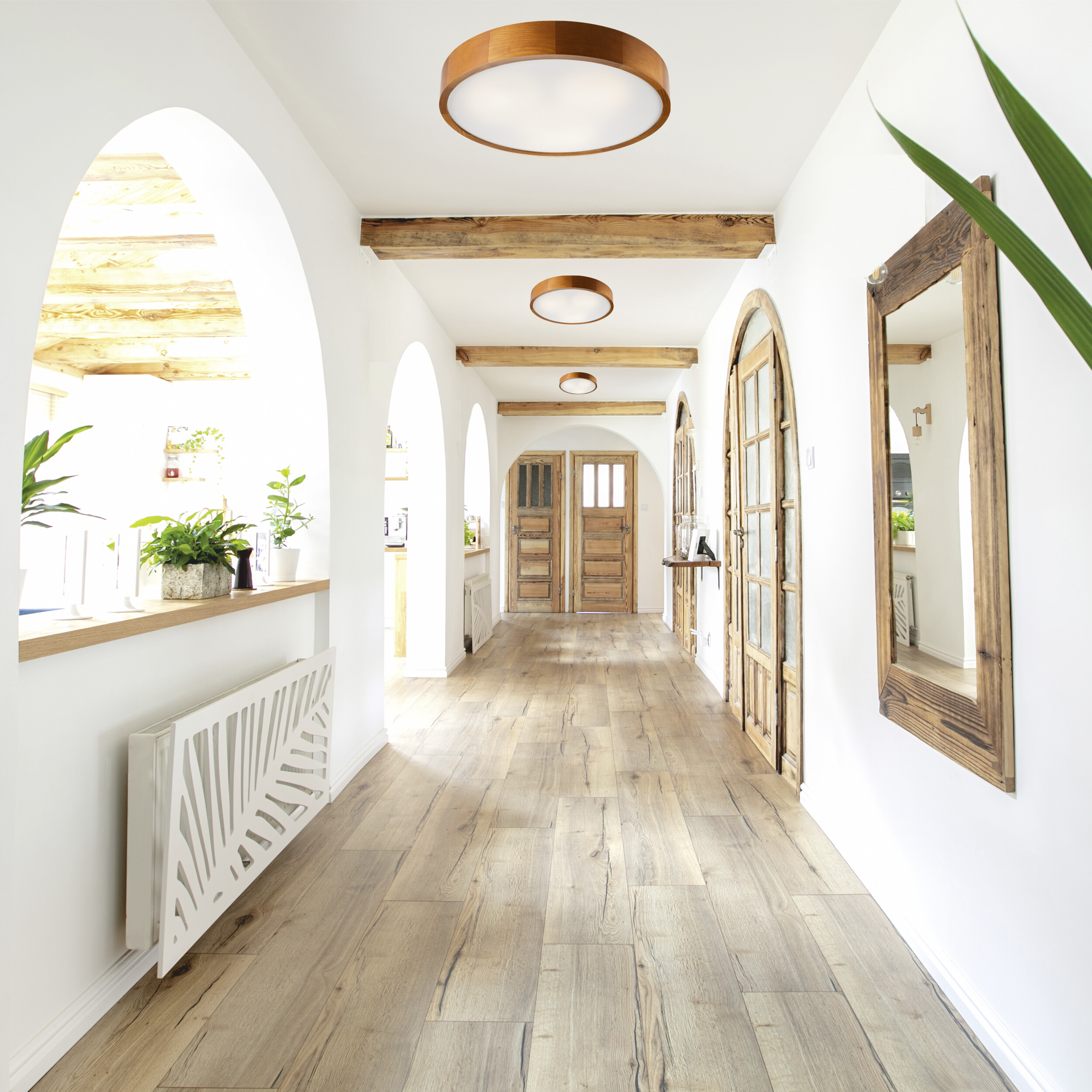 Lamkur Deckenleuchte rustikal Holz Glas B/H/L: ca. 48,5x12x48,5 cm 3 Brennstellen