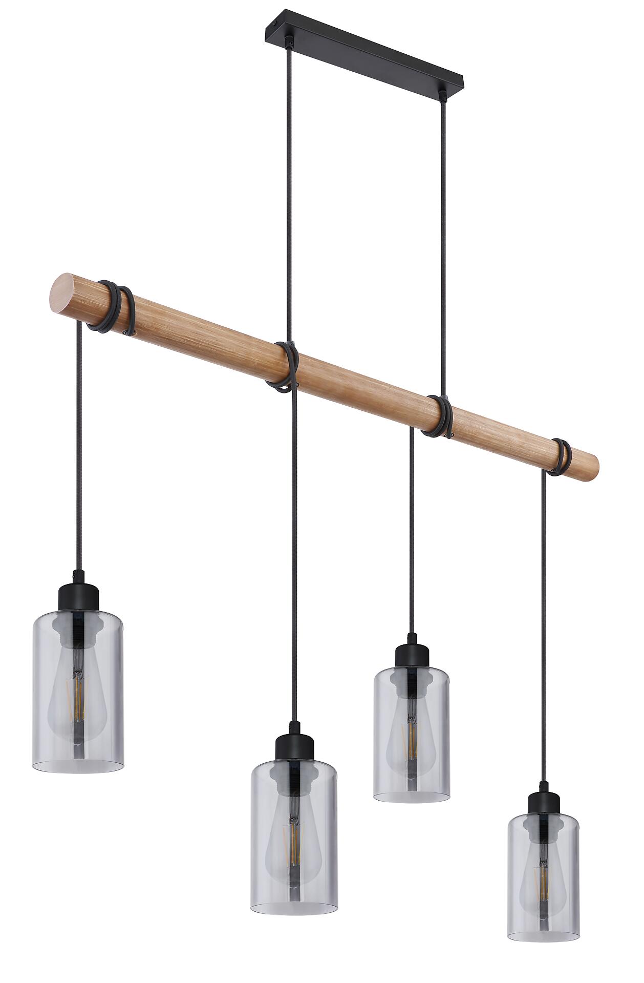 GLOBO Pendelleuchte Hadera schwarz natur Metall Holz Rauchglas B/H/T: ca. 98x130x15 cm E27 4 Brennstellen