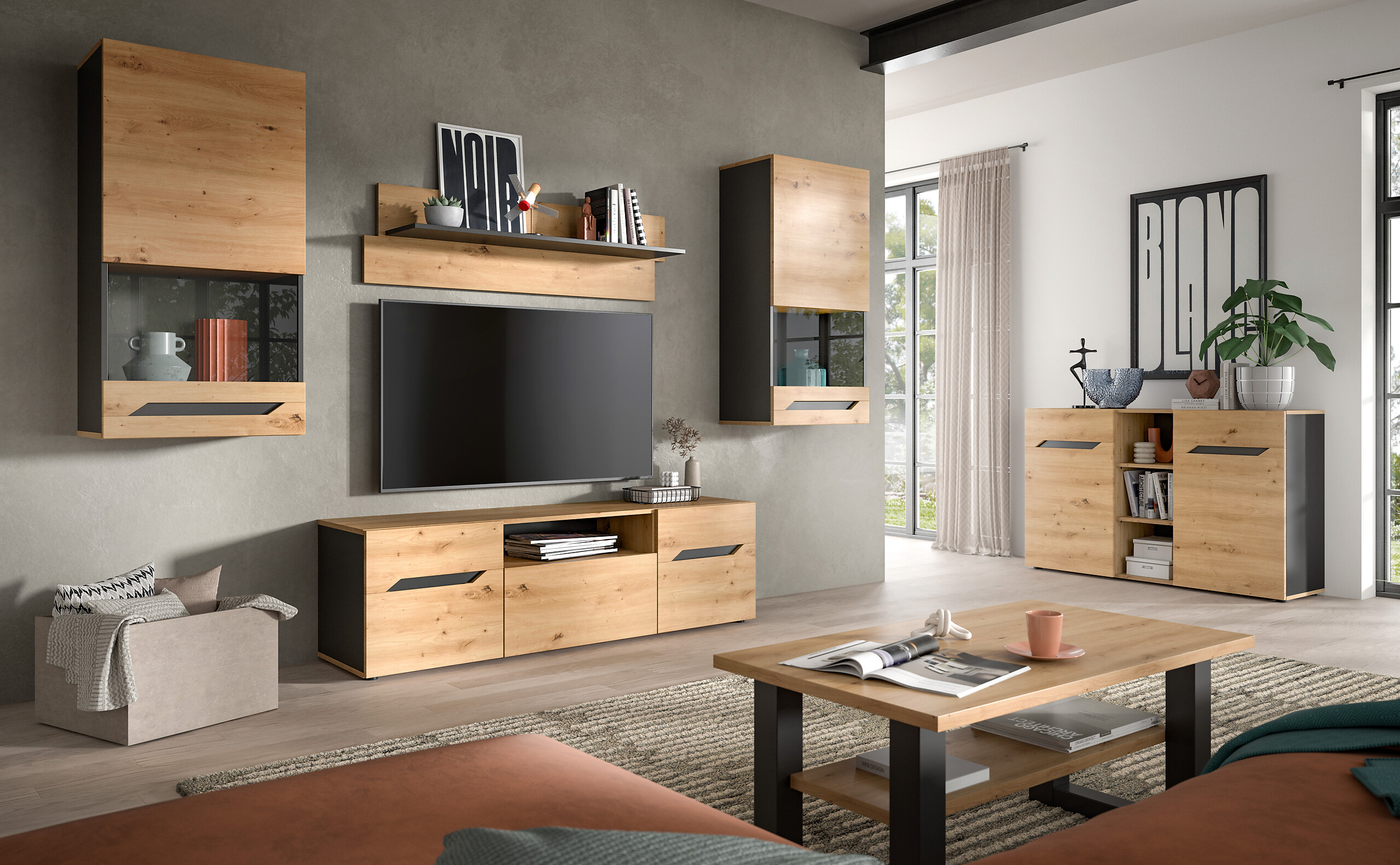 Wohnwand Caserta basaltgrau Nachbildung Artisan Oak Nachbildung B/H/T: ca. 253x196x40 cm Wohnwand Caserta basaltgrau Nachbildung Artisan Oak Nachbildung B/H/T: ca. 253x196x40 cm