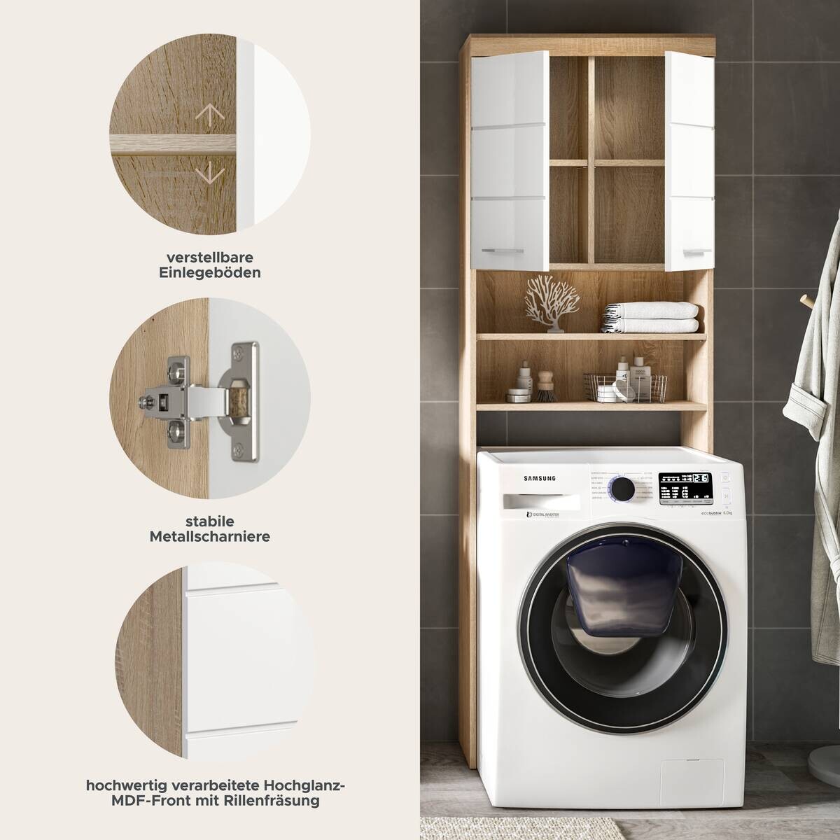 Waschmaschinenumbauschrank Lambada Eiche Sonoma Nachbildung weiß Hochglanz B/H/T: ca. 63x191x24 cm