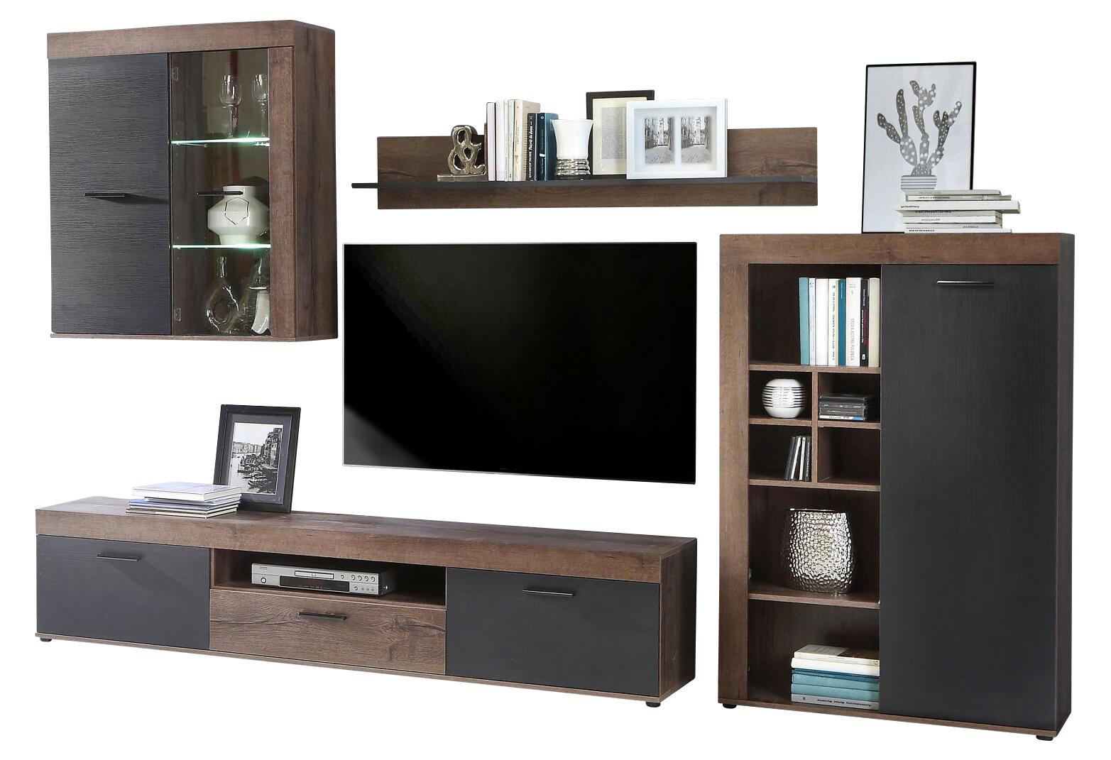 Wohnwand  Eiche Schlamm Nachbildung schwarz Eiche Nachbildung B/H/T: ca. 300x201x39 cm