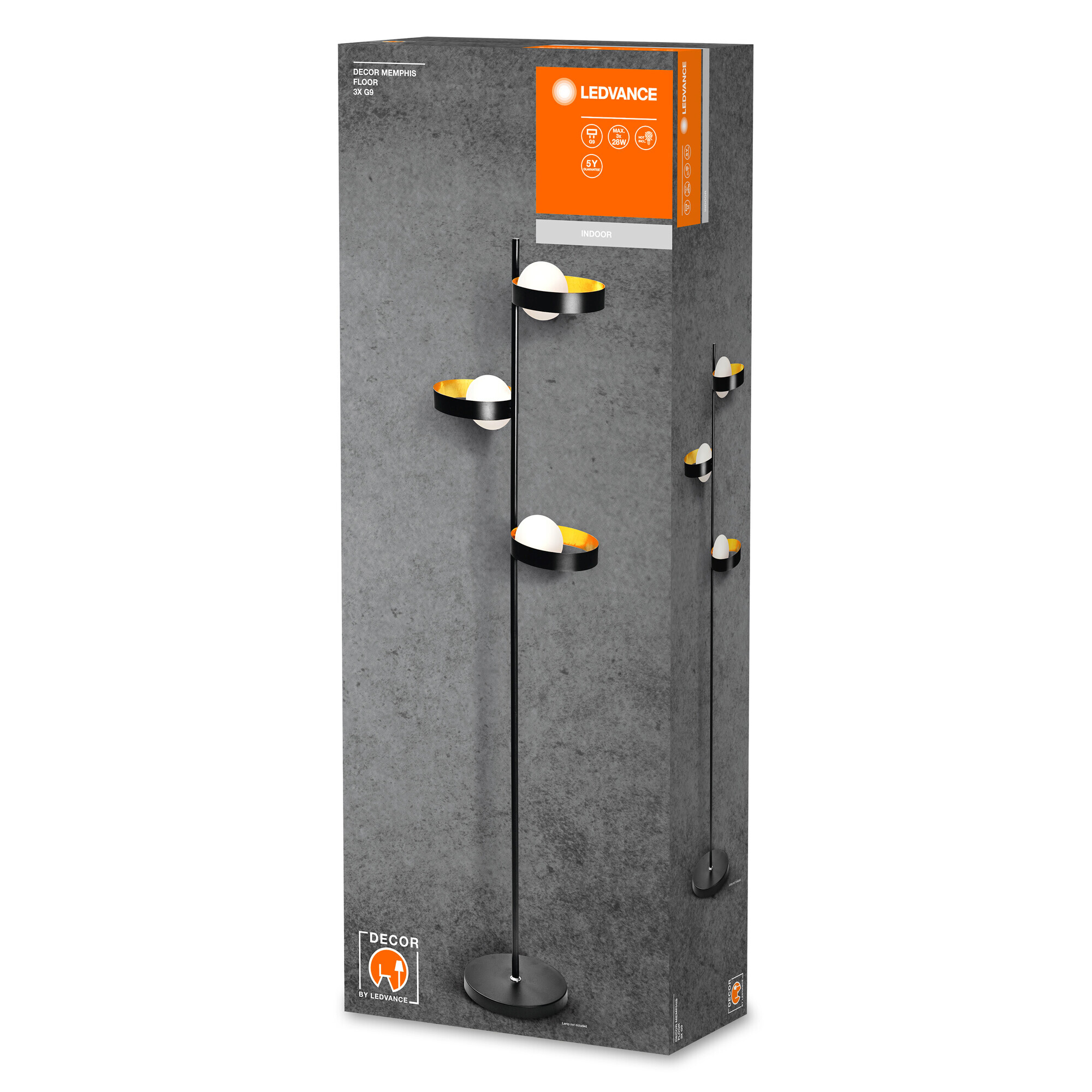 LEDVANCE Stehleuchte Memphis schwarz gold weiß Metall Glas H/D: ca. 148x38,8 cm G9 3 Brennstellen