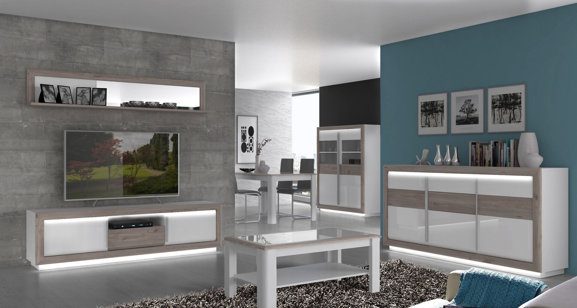 Sideboard  weiß weiß Hochglanz Eiche Nelson Nachbildung B/H/T: ca. 192,7x98,2x53 cm