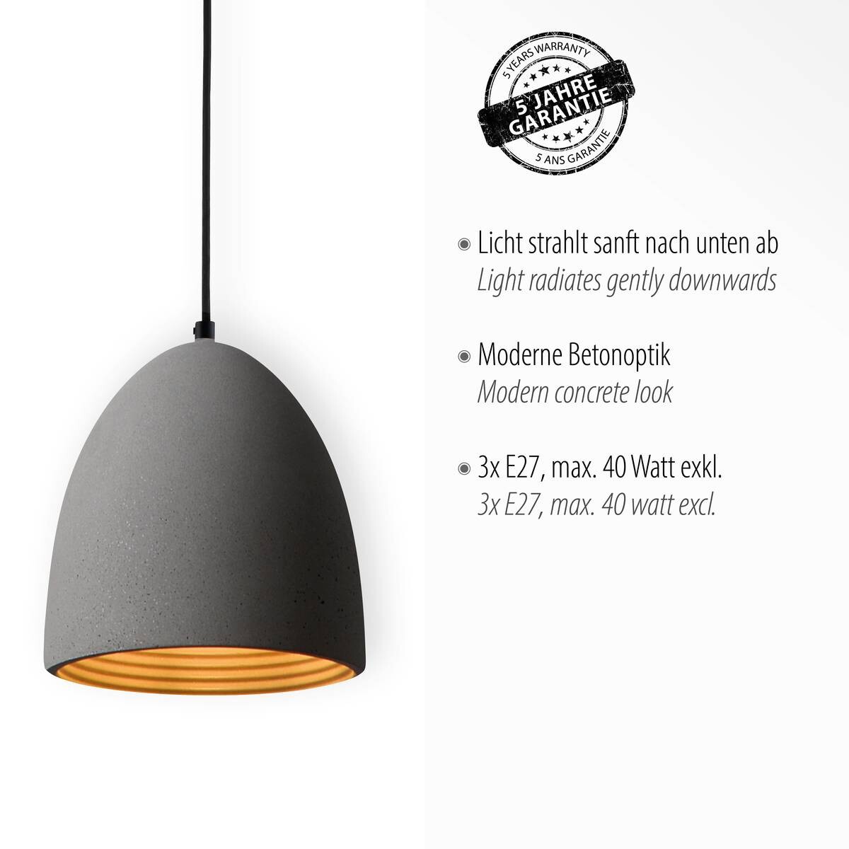 Paul Neuhaus Pendelleuchte ETON 2233-22 grau Beton Eisen B/H/D: ca. 21x120x100 cm E27 3 Brennstellen