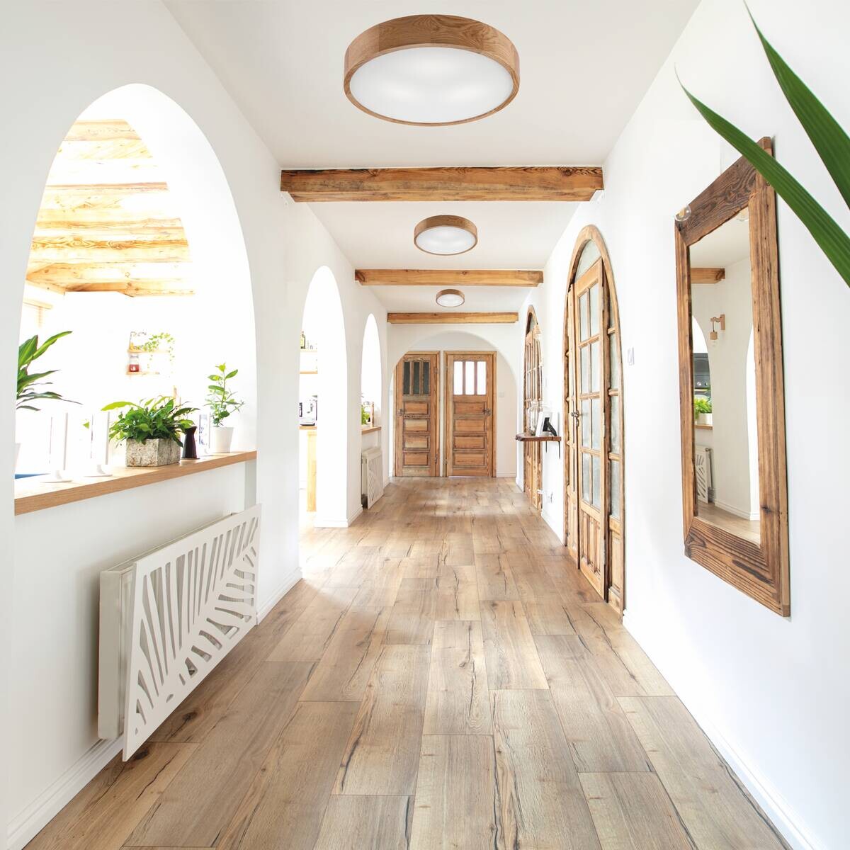 Lamkur Deckenleuchte Eveline Eiche Holz Glas H/L: ca. 8x47 cm E27 3 Brennstellen