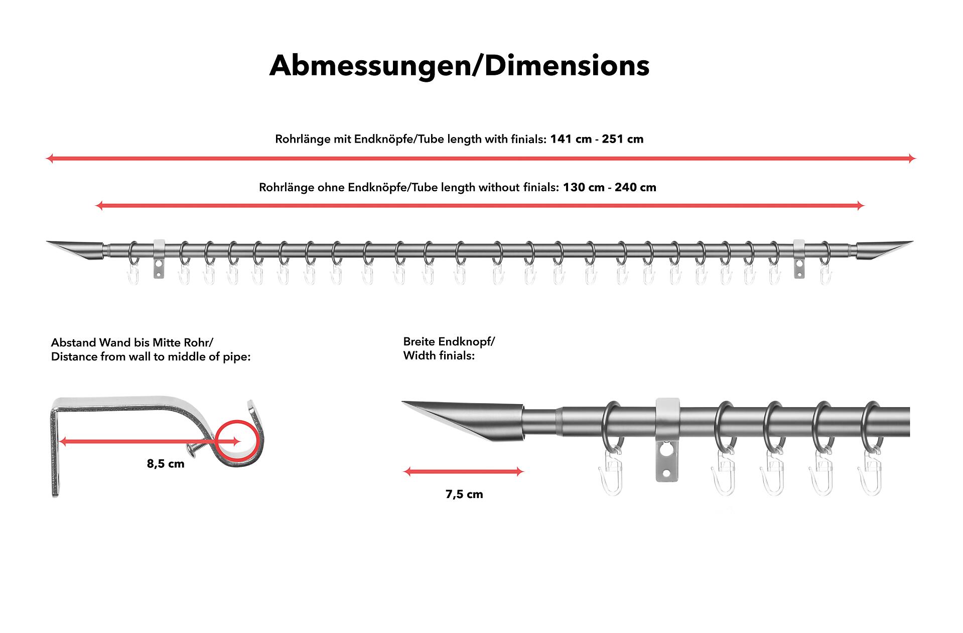 LICHTBLICK Gardinenstange Lipstick Edelstahloptik Metall D: ca. 2 cm ausziehbar von ca. 130 bis 240 cm 1.0 Läufe