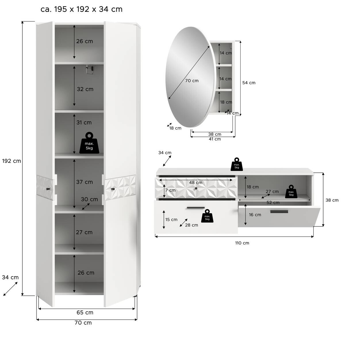 Garderobe Prisma weiß weiß Hochglanz B/H/T: ca. 195x192x34 cm