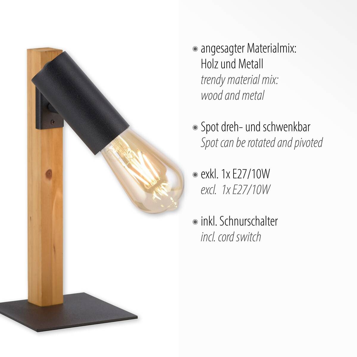 Just Light Tischleuchte PILON 15164-18 natur schwarz Holz Metall B/H/T: ca. 13x32,5x13,5 cm E27 1 Brennstellen