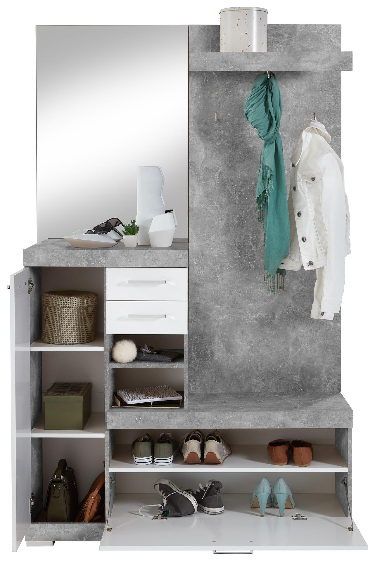 Garderobe  Beton Optik weiß glänzend B/H/T: ca. 120x193,5x35,5 cm