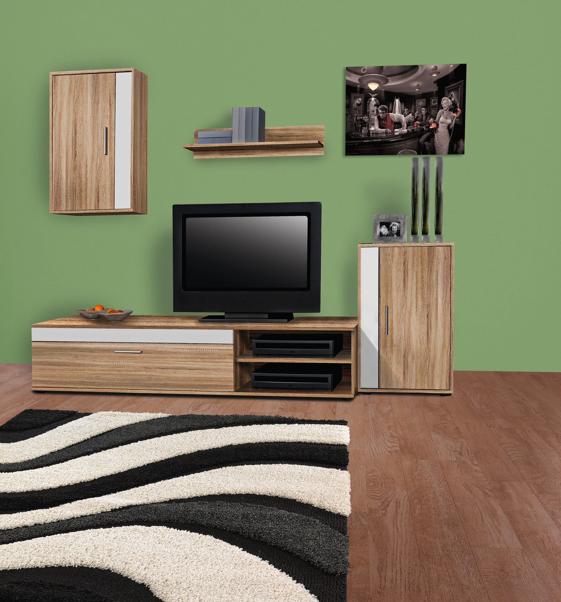 Wohnwand Lima Eiche Sonoma Nachbildung weiß B/H/T: ca. 230x170x42 cm