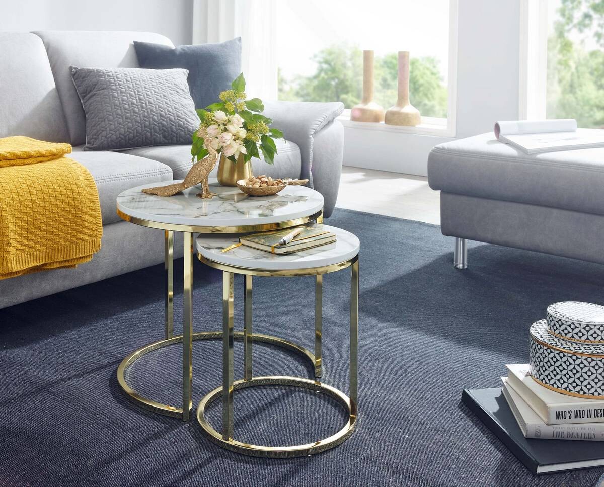 Wohnling Couchtisch 2er-Set. weiß Marmor gold MDF Stahl