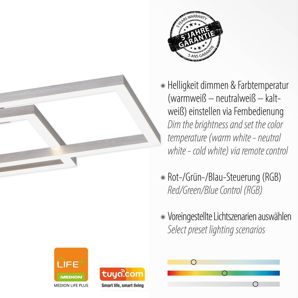 Just Light Smarte LED-Deckenleuchte MAXI 16431-55 stahlfarbig weiß Metall Kunststoff B/H/T: ca. 50x10,5x82 cm 3 Brennstellen