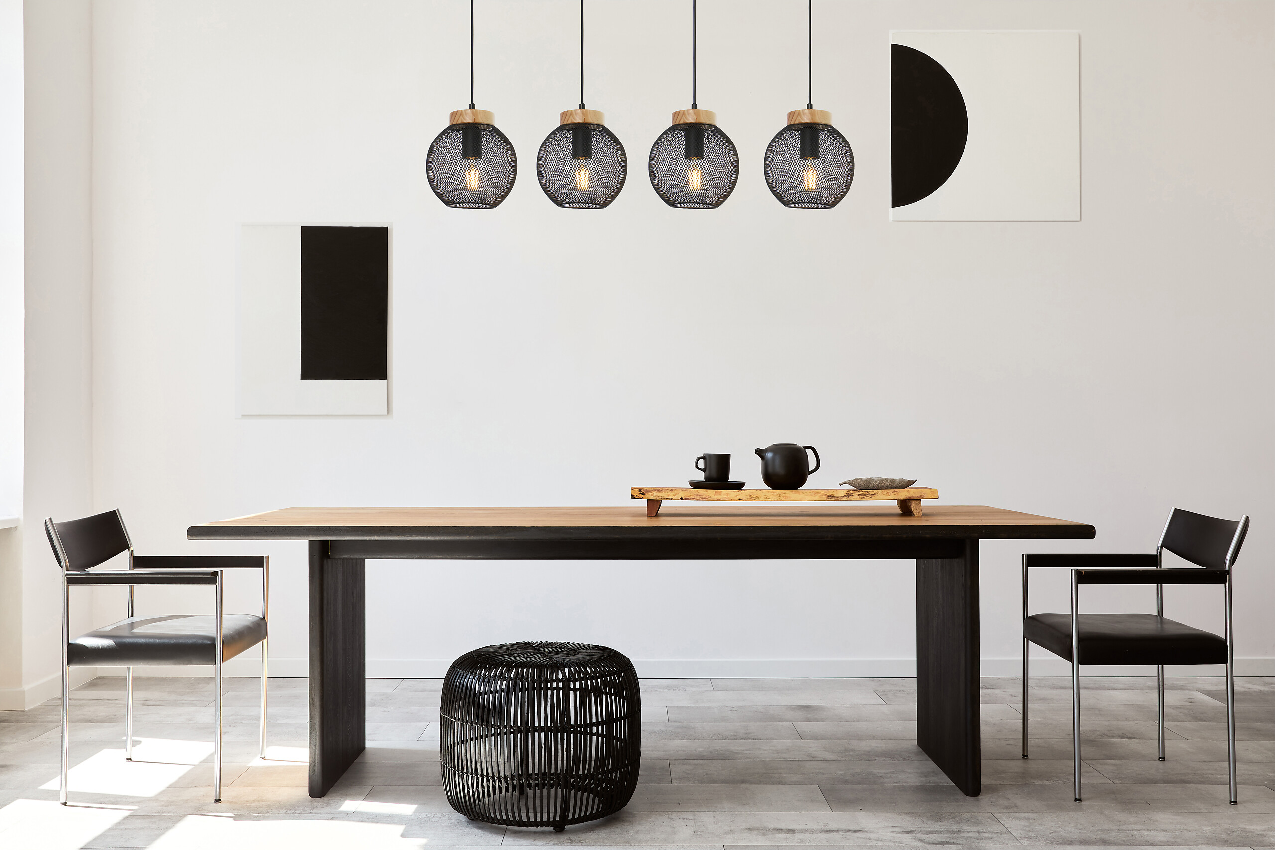 GLOBO Pendelleuchte Pablo mattschwarz natur Metall Holz B/H/T: ca. 95x120x20 cm E27 4 Brennstellen