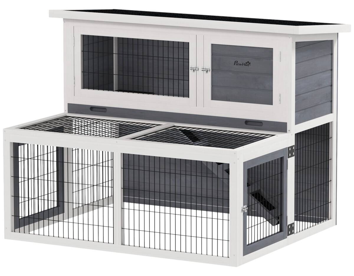 PawHut Kaninchenstall grau Holz B/H/L: ca. 95x93,5x122 cm