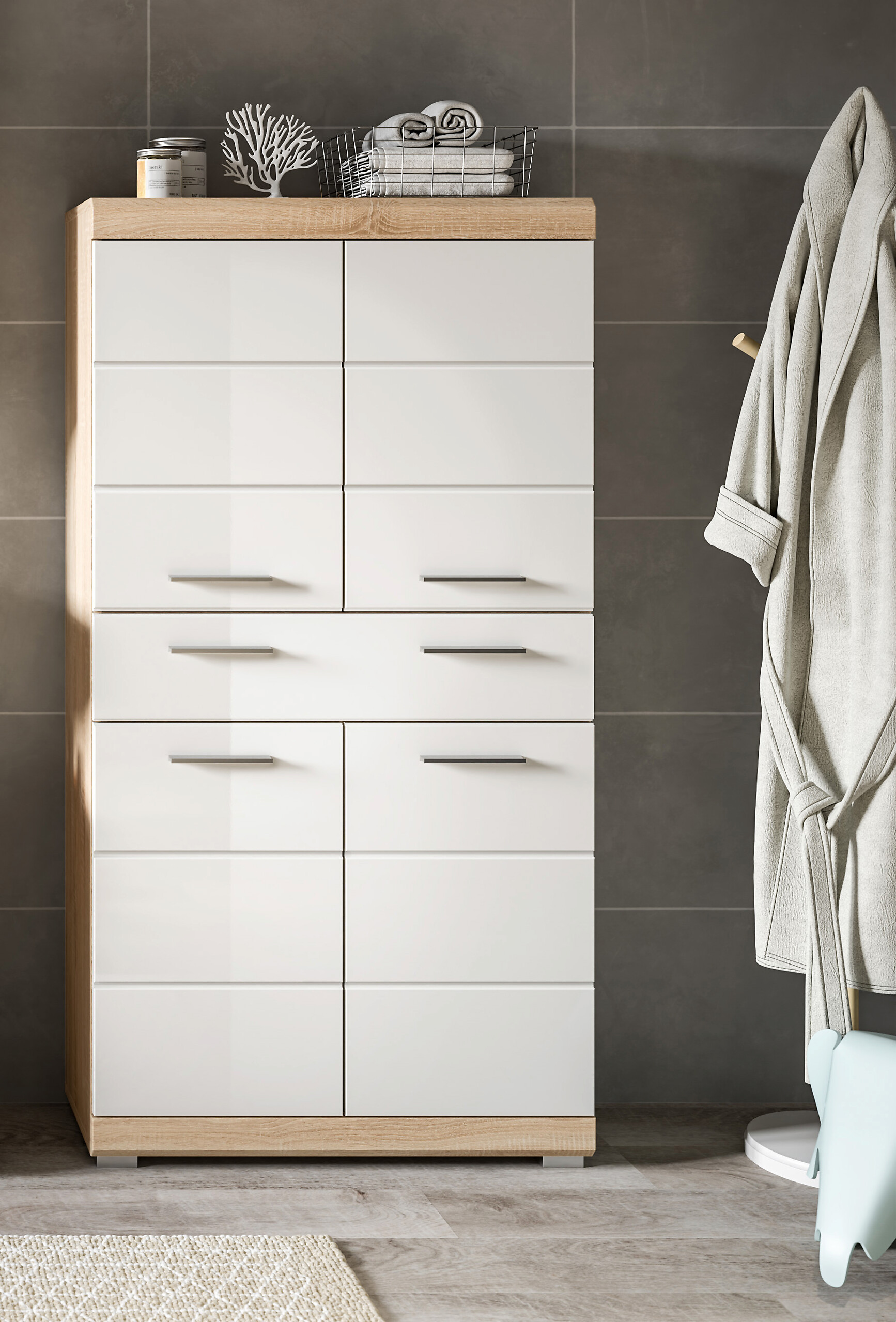 Midischrank Lambada Eiche Sonoma Nachbildung weiß Hochglanz B/H/T: ca. 74x141x31 cm