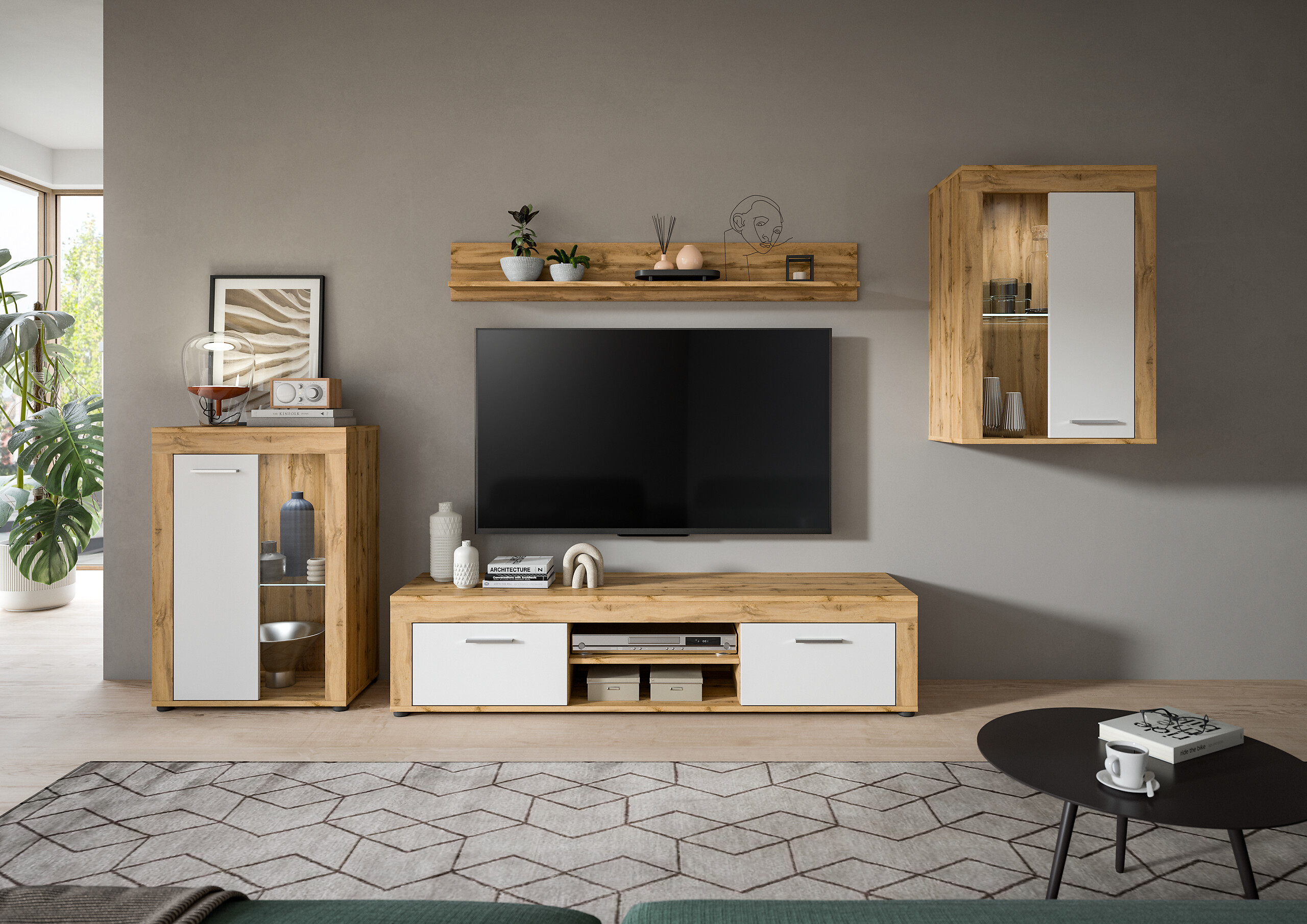 Wohnwand Jam Eiche Wotan Nachbildung weiß B/H/T: ca. 310x169x35 cm