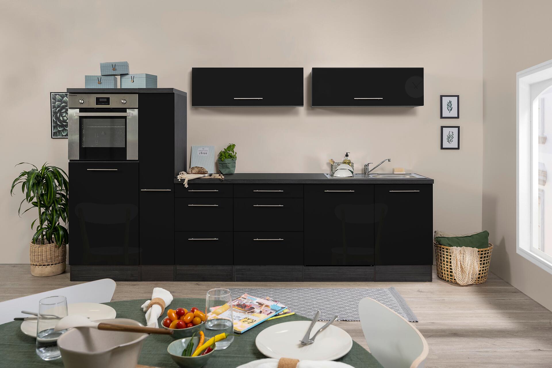 Respekta Inselküche Premium schwarz hochglänzend B/H/T: ca. 310x200x60 cm