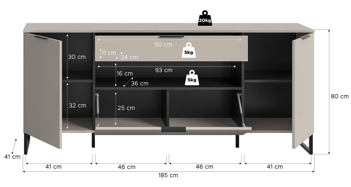Sideboard Noida Kaschmirgrau Nachbildung schwarz B/H/T: ca. 80x185x41 cm