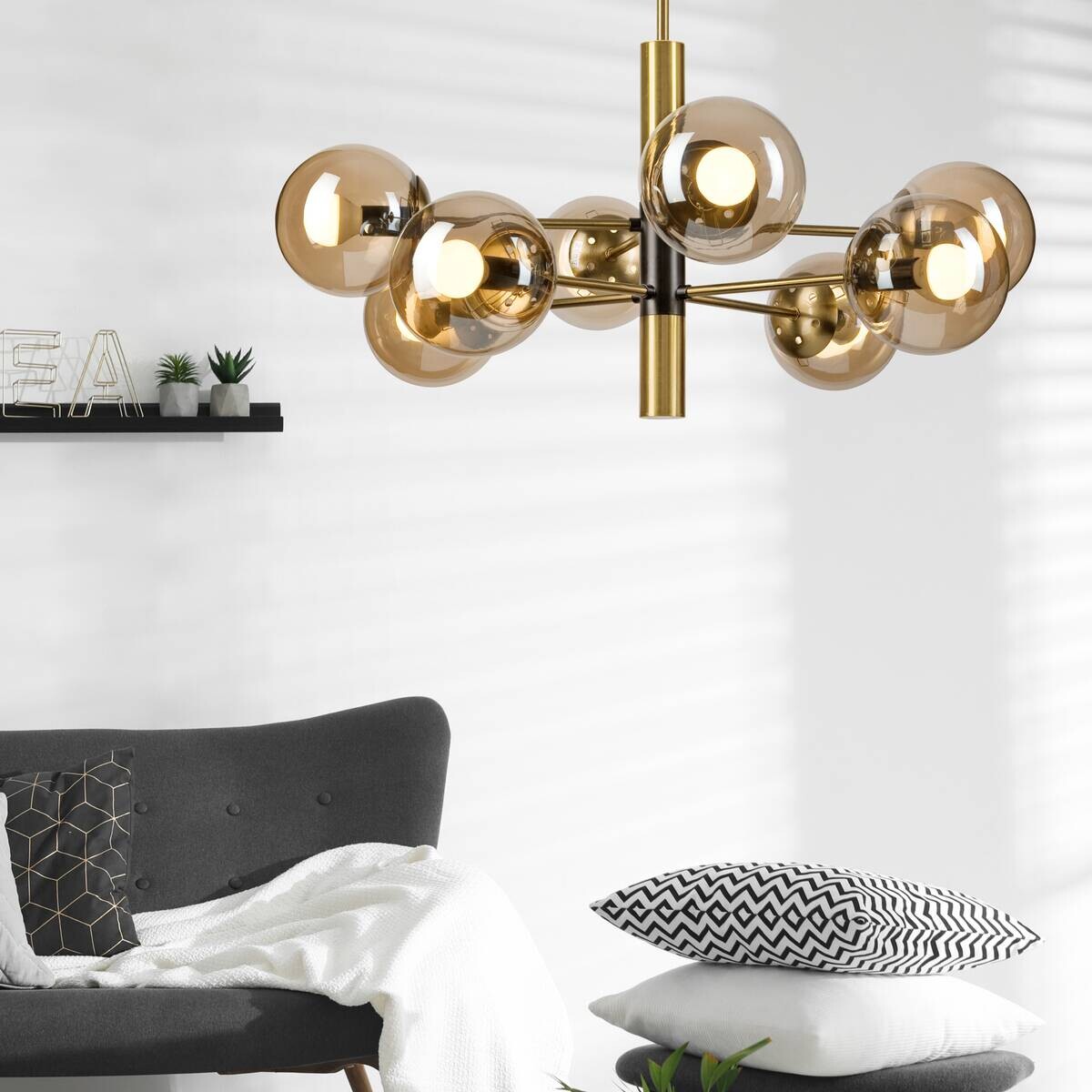 Lamkur Pendelleuchte gold schwarz Metall Glas H/D: ca. 76x68 cm E14 8 Brennstellen