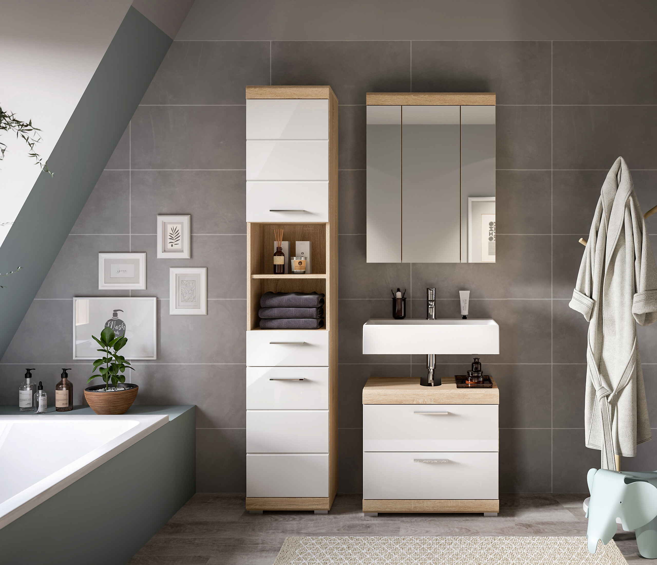 Badezimmer-Set Lambada Eiche Sonoma Nachbildung weiß Hochglanz B/H/T: ca. 112x191x37 cm Badezimmer-Set Lambada Eiche Sonoma Nachbildung weiß Hochglanz B/H/T: ca. 112x191x37 cm