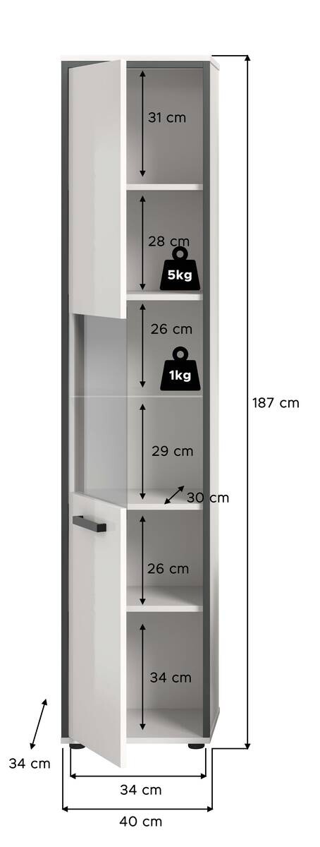 Midischrank KOJAK weiß Hochglanz anthrazit grau B/H/T: ca. 40x188x34 cm