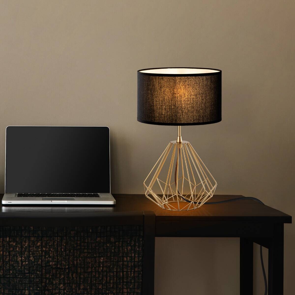 Tischleuchte gold Metall Stoff B/H/T/L: ca. 25x43x25x25 cm E27 1 Brennstellen