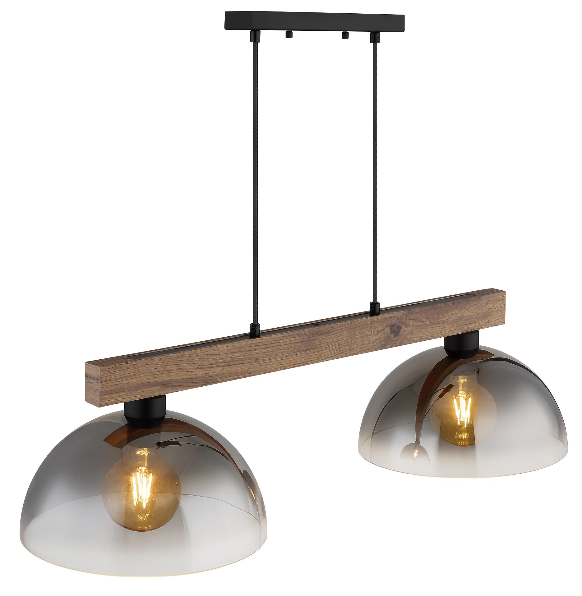 GLOBO Hängeleuchte dunkelbraun Rauch mattschwarz Holz Metall Glas B/H/L: ca. 30x120x85 cm E27 2 Brennstellen