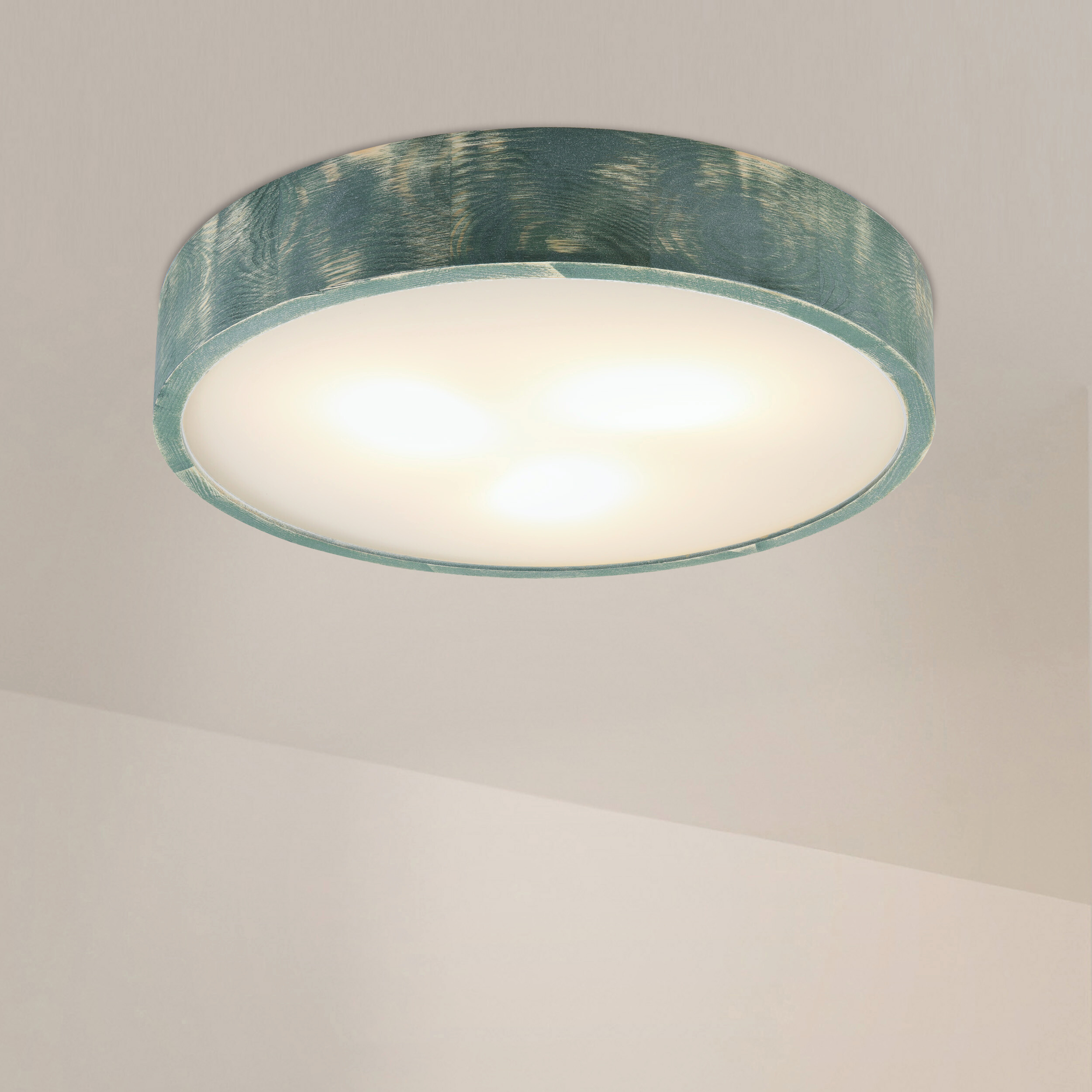 Lamkur Deckenleuchte hellbraun grün Glas Holz B/H/L: ca. 48x48x10 cm 3 Brennstellen