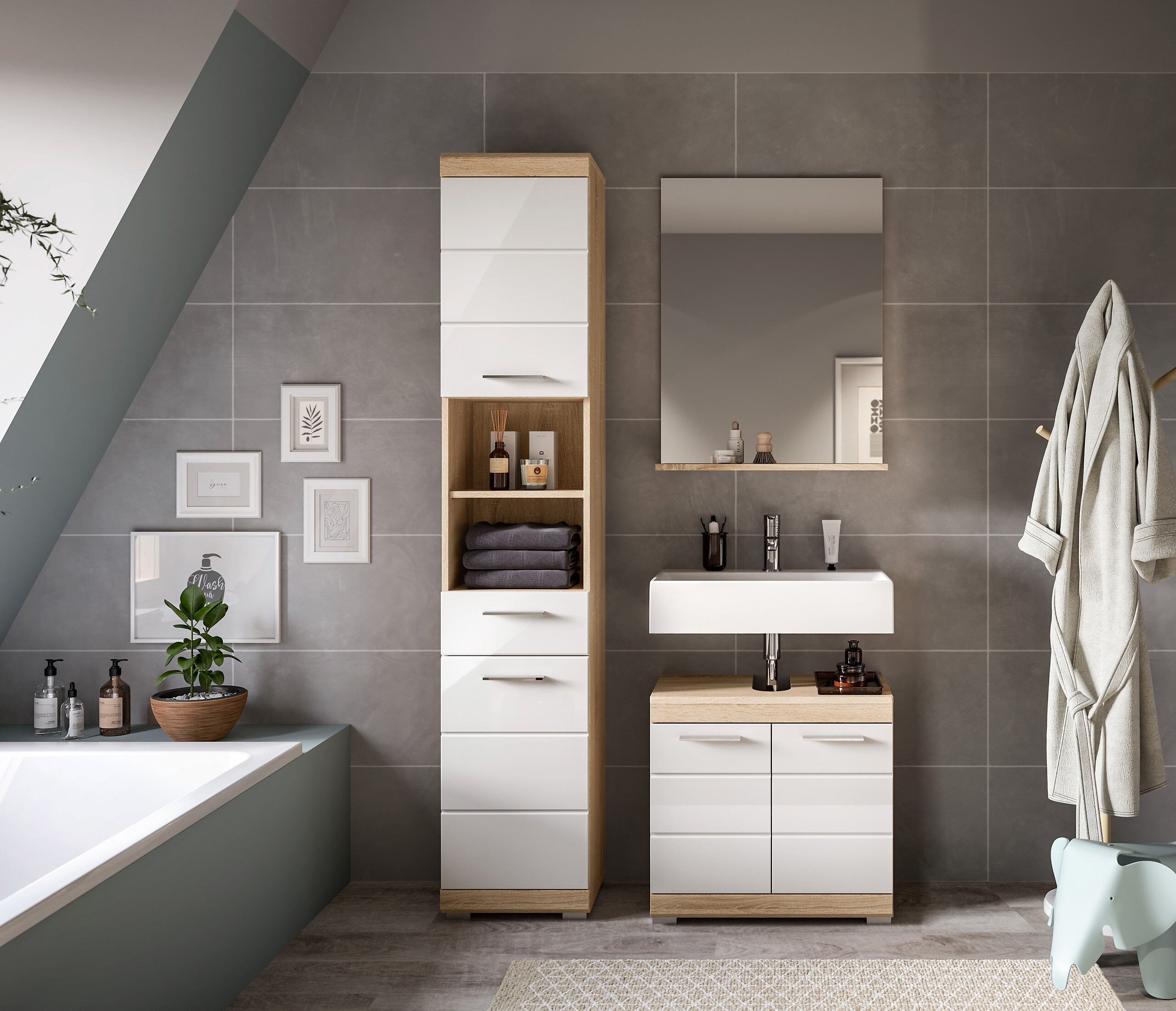 Badezimmer-Set Lambada Eiche Sonoma Nachbildung weiß Hochglanz B/H/T: ca. 112x191x34 cm