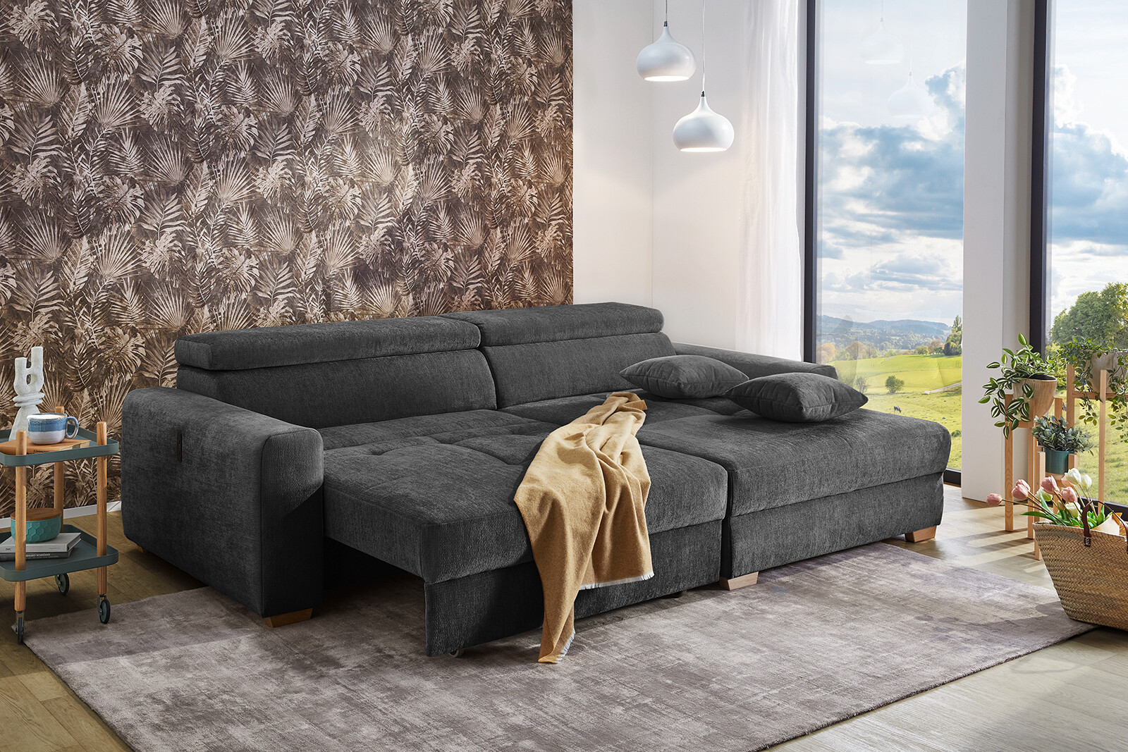 Ecksofa mit elektrischer XXL Sitztiefenverstellung dunkelgrau Flachgewebe B/H/T: ca. 277x109x187 cm Ecksofa mit elektrischer XXL Sitztiefenverstellung dunkelgrau Flachgewebe B/H/T: ca. 277x109x187 cm
