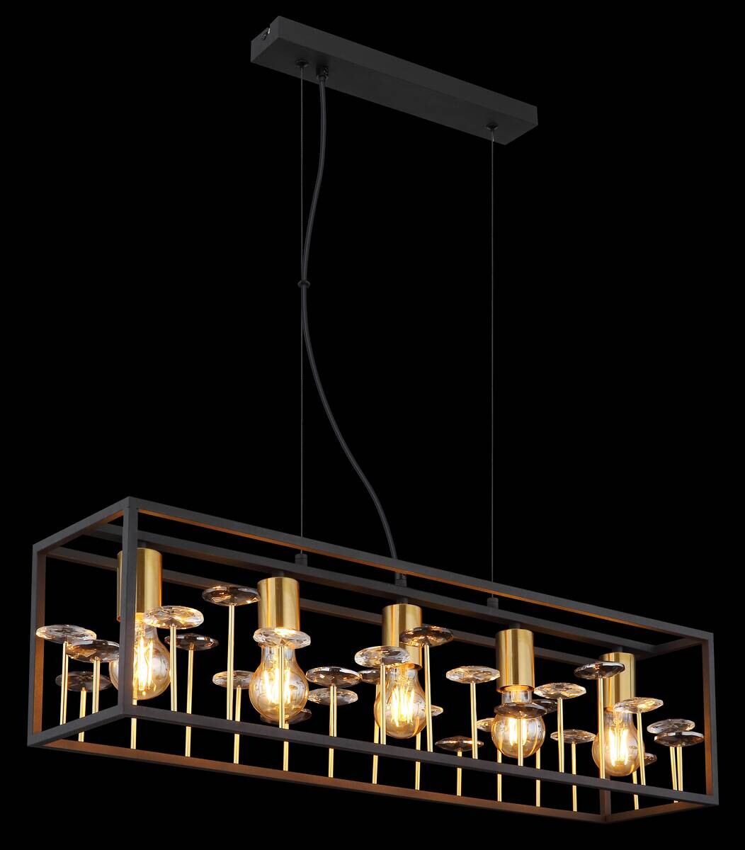 GLOBO Pendelleuchte LISBON 15644H1 gold Rauch mattschwarz Metall Glas B/H/L: ca. 77x120x18 cm E27 5 Brennstellen