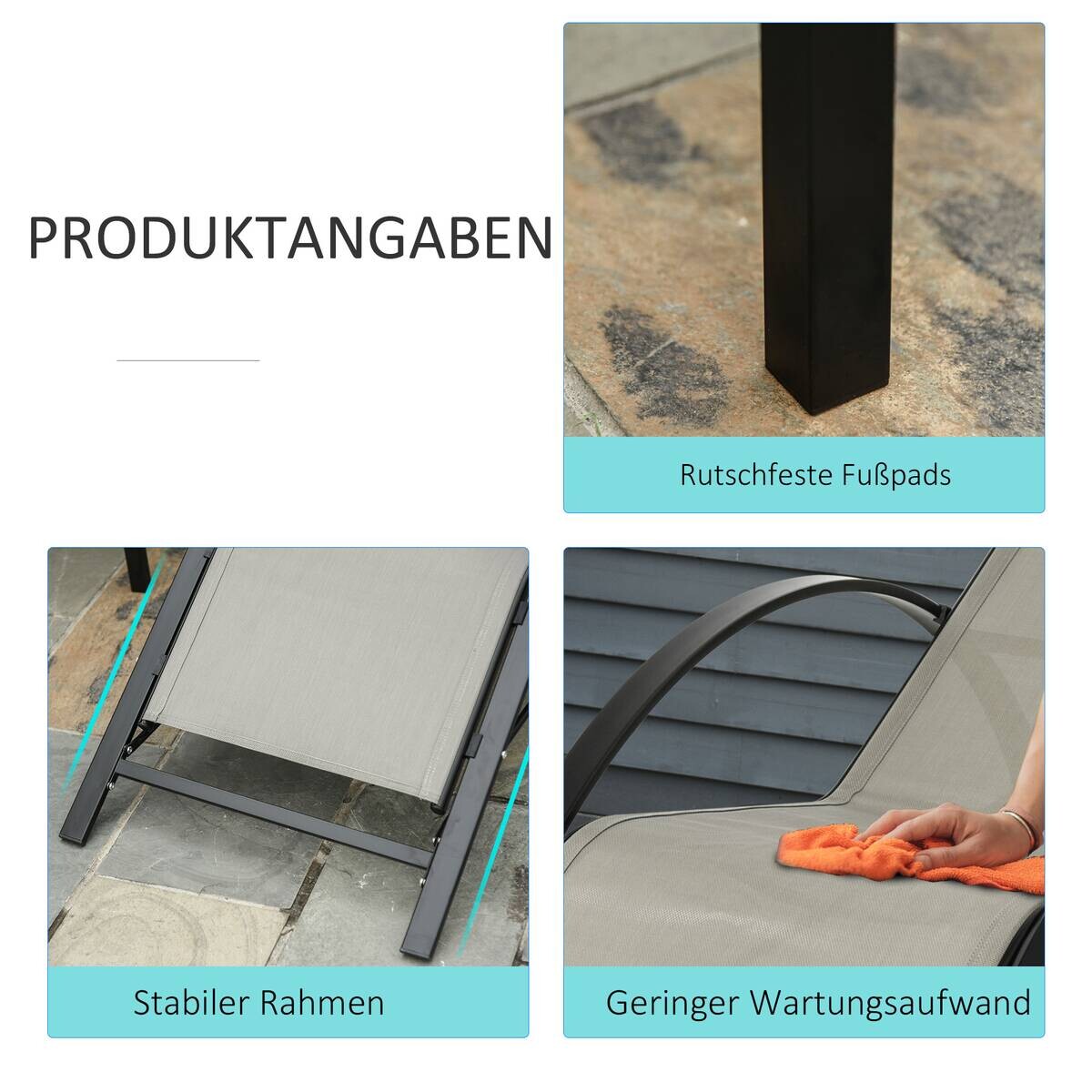 Outsunny Gartenliege schwarz Edelstahl B/H/L: ca. 169x59x66 cm