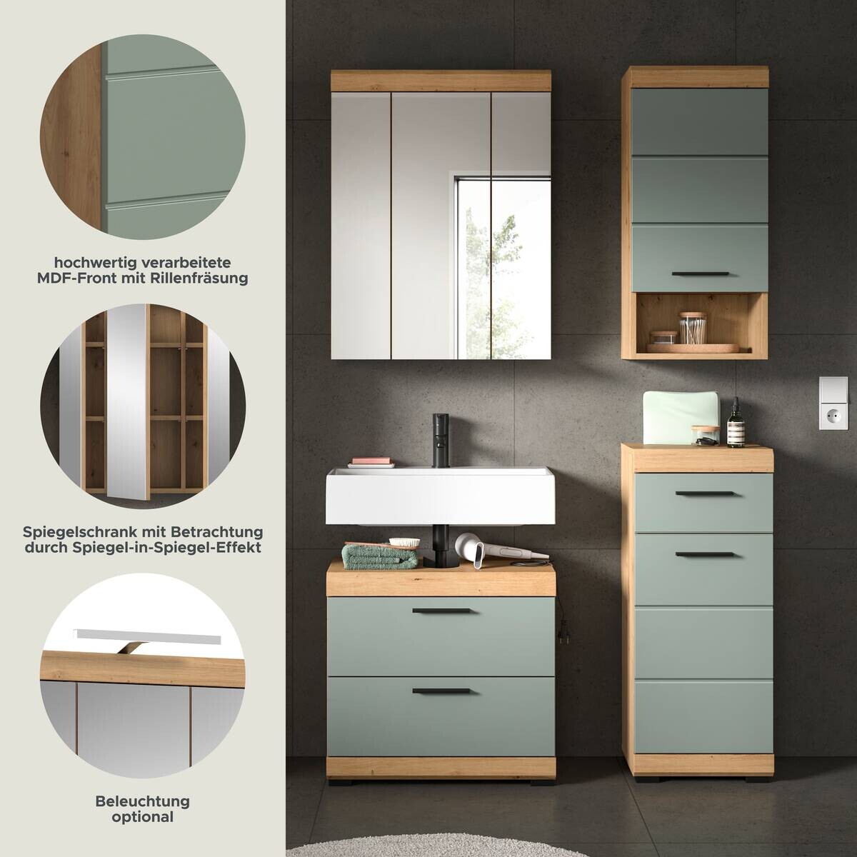 Badezimmer-Set Scout Eiche Artisan Nachbildung salbei Nachbildung B/H/T: ca. 112x191x37 cm