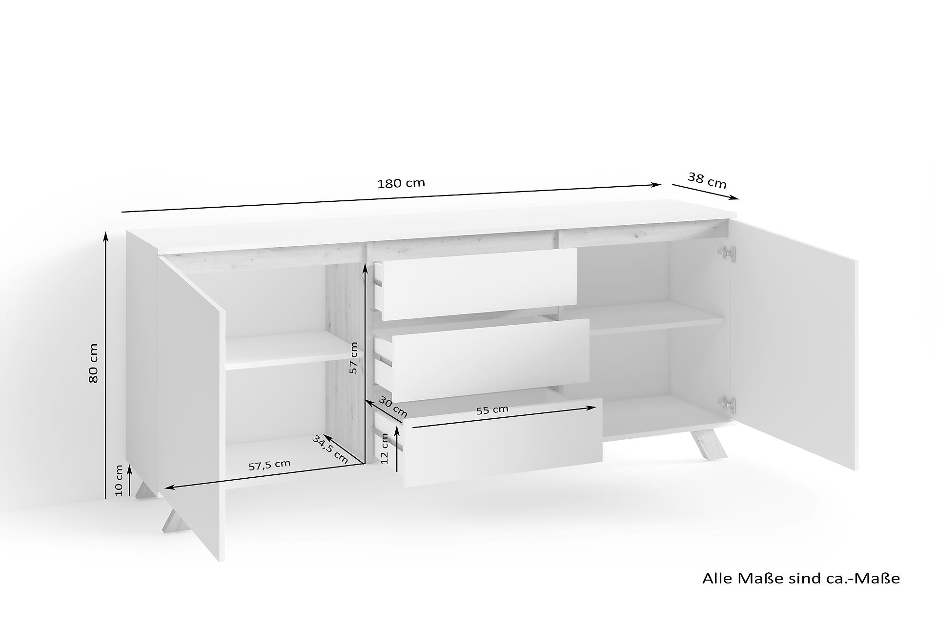 Sideboard VALENTIN weiß Eiche Nachbildung B/H/T: ca. 180x80x38 cm