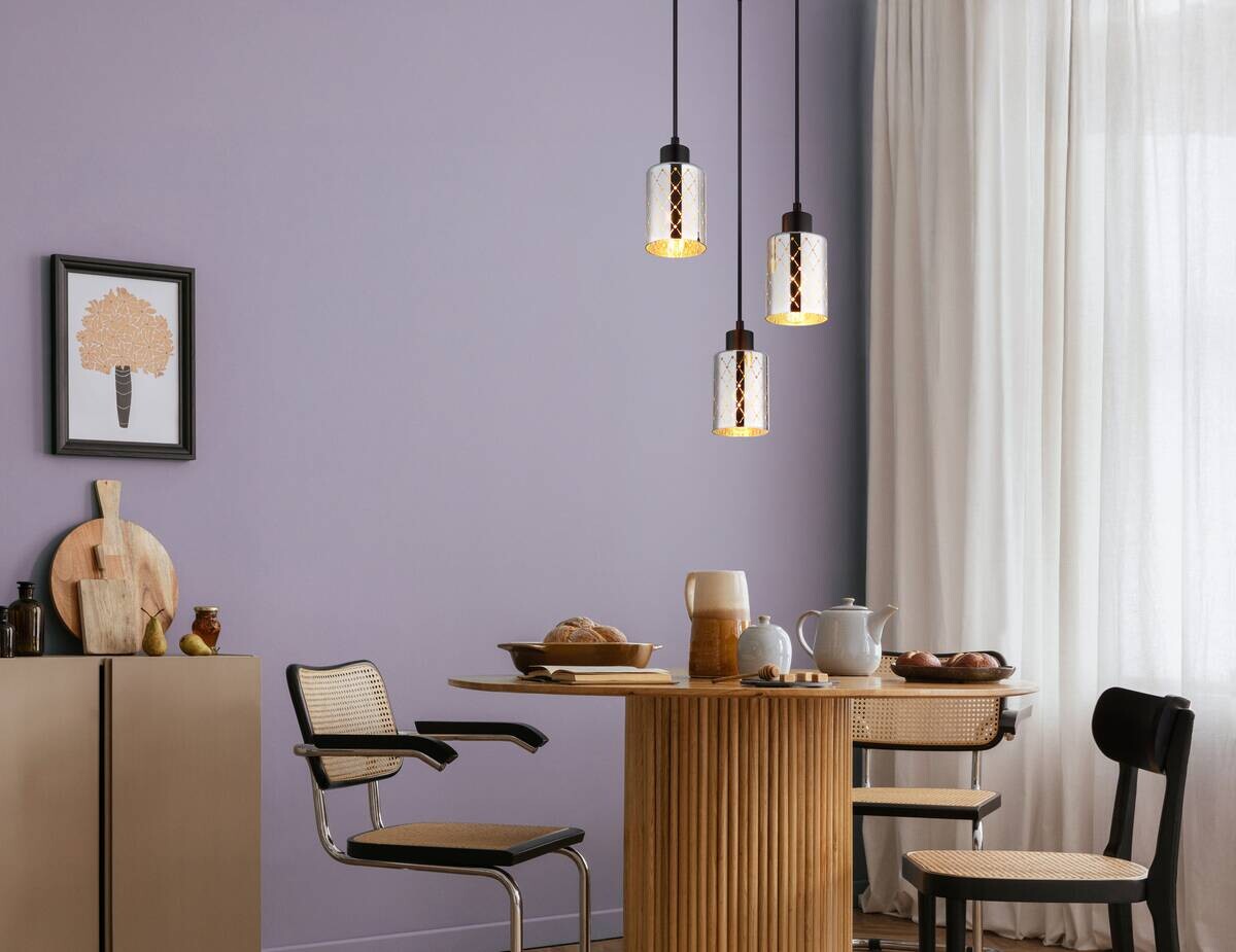 GLOBO Hängeleuchte mattschwarz klar Chrom Metall PVC Glas H/D: ca. 120x29 cm E27 3 Brennstellen