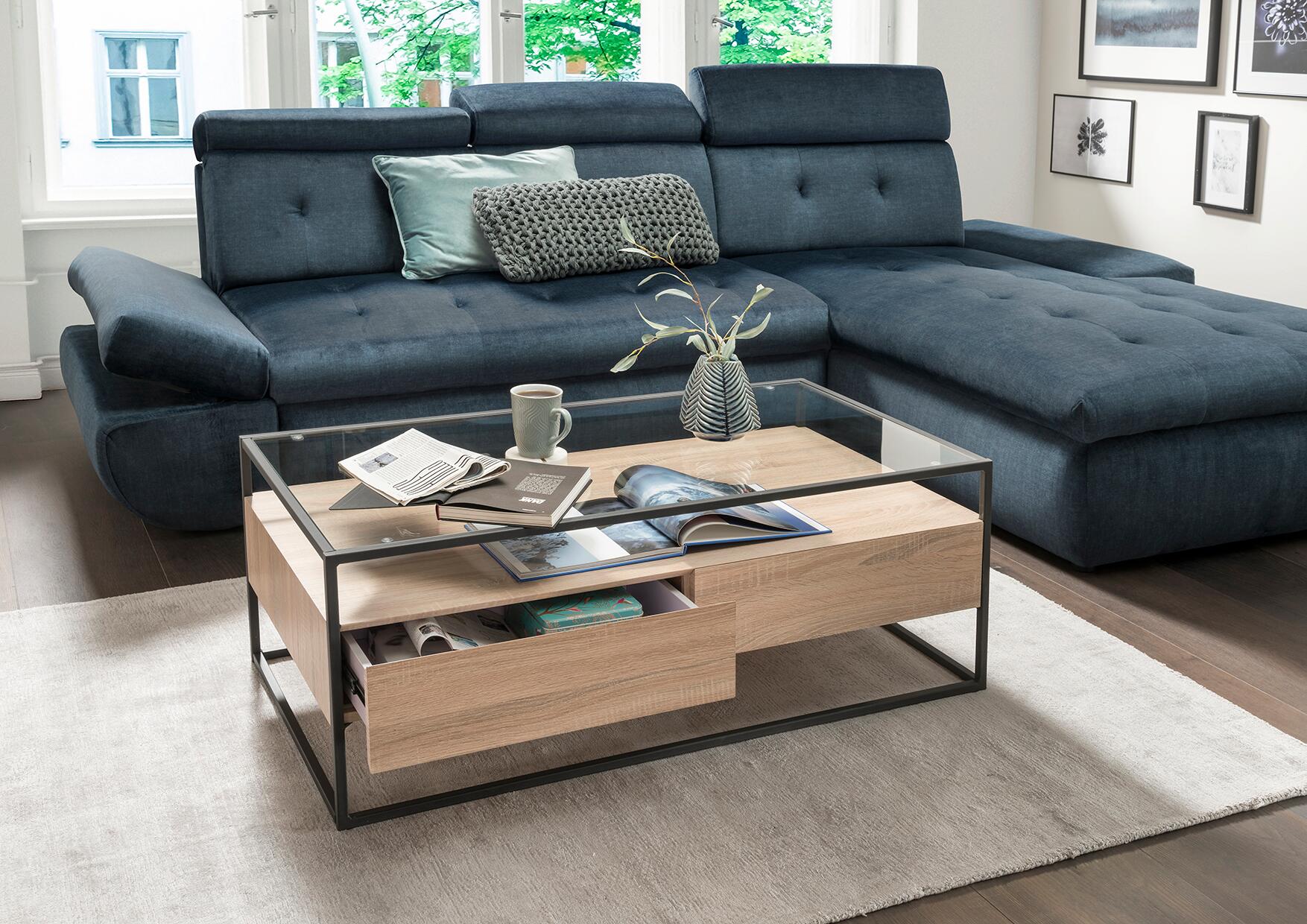 Couchtisch Bozen II glasklar Eiche Sonoma schwarz B/H/T: ca. 110x42x60 cm