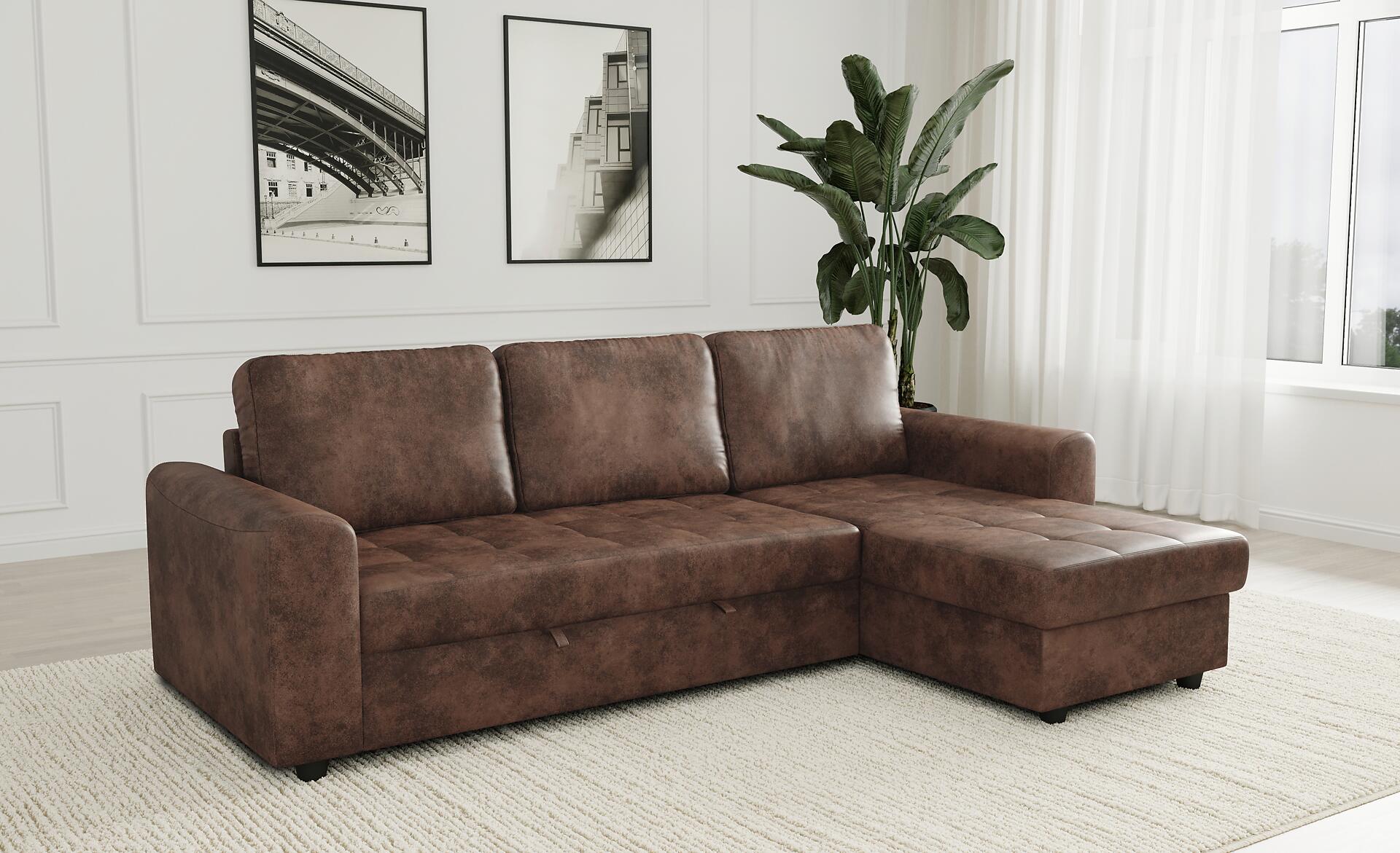 Ecksofa mit Bettfunktion und Bettkasten hellbraun Microfaser B/T: ca. 245x155 cm