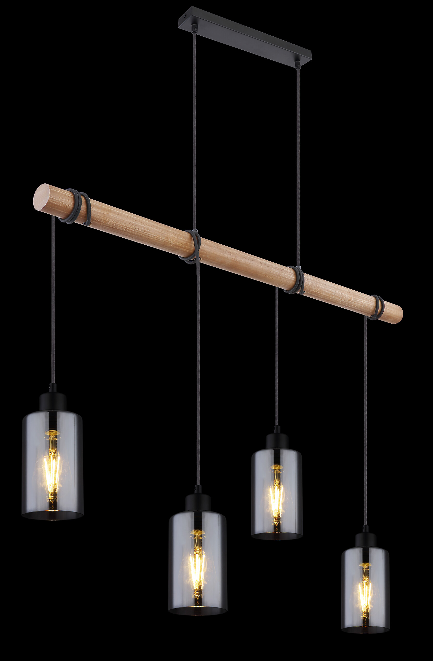 GLOBO Pendelleuchte Hadera schwarz natur Metall Holz Rauchglas B/H/T: ca. 98x130x15 cm E27 4 Brennstellen