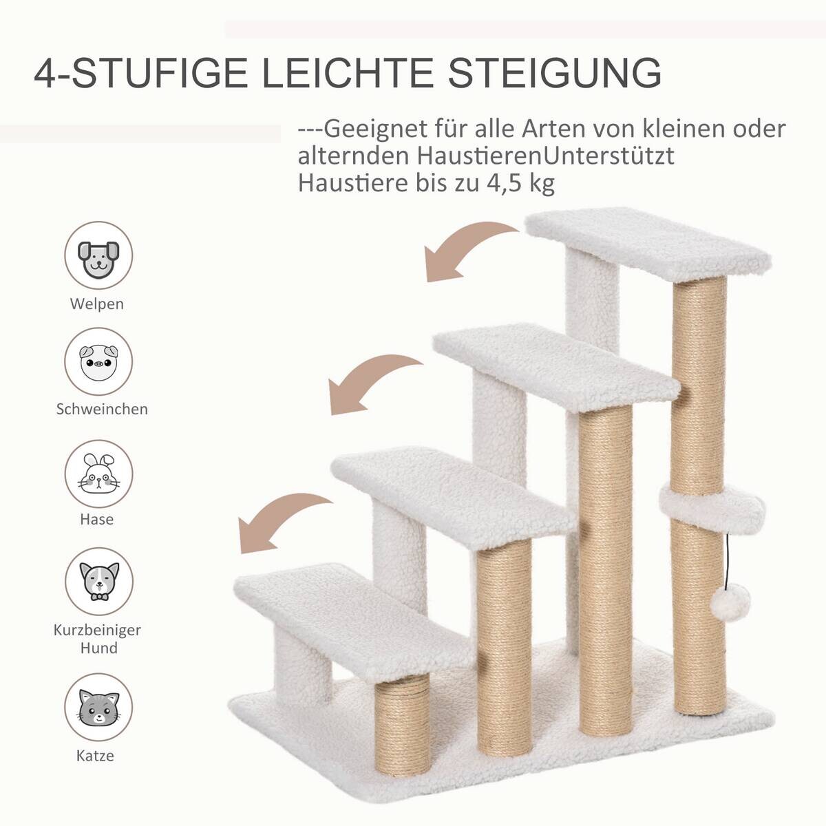 PawHut Haustiertreppe m. Kratzbaum Ball weiß Spanplatte B/H/L: ca. 40x60x64 cm
