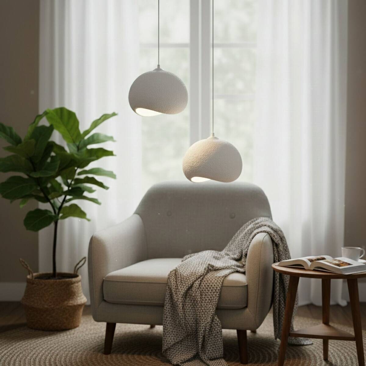 Opviq Pendelleuchte Yontu-15852 weiß Polyester-Mischgewebe Metall B/H/L: ca. 29x120x34 cm E27 2 Brennstellen