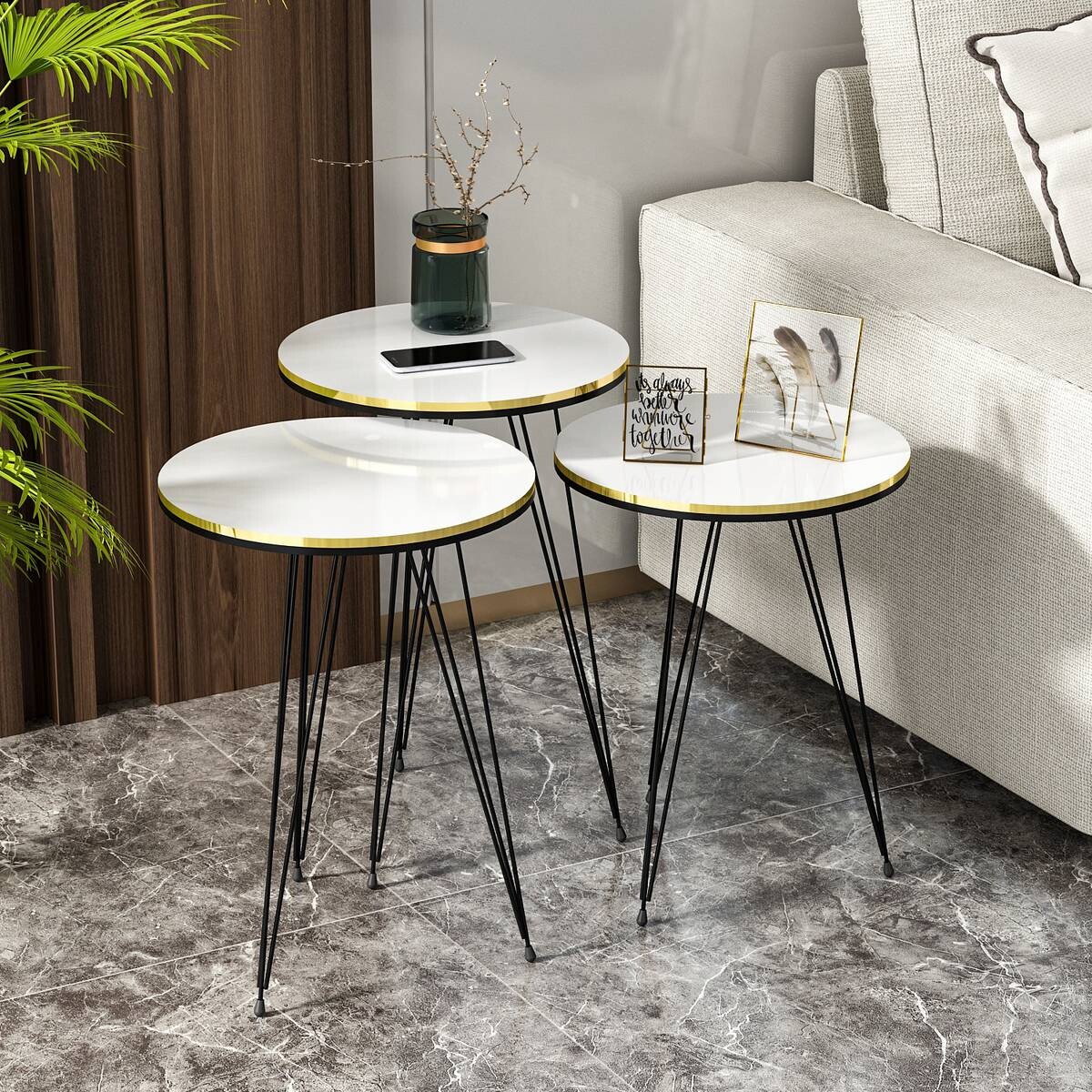 Beistelltisch 3er-Set. 21216283 weiß schwarz Metall B/H/T: ca. 38x53,5x38 cm