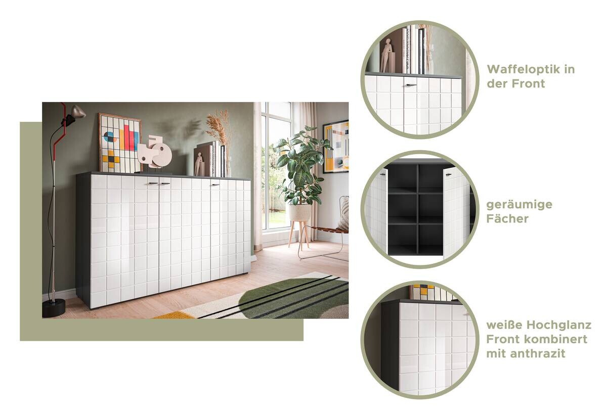 Sideboard Monte anthrazit weiß Hochglanz B/H/T: ca. 138x86x37 cm