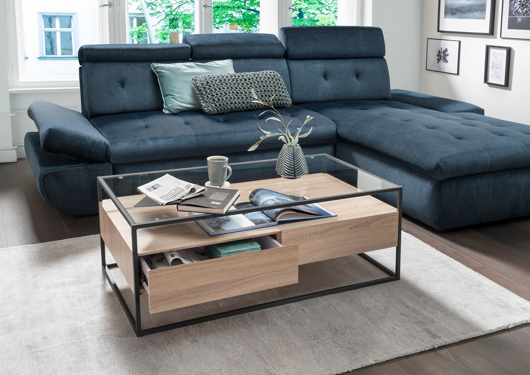 Couchtisch Bozen II glasklar Eiche Sonoma schwarz B/H/T: ca. 110x42x60 cm