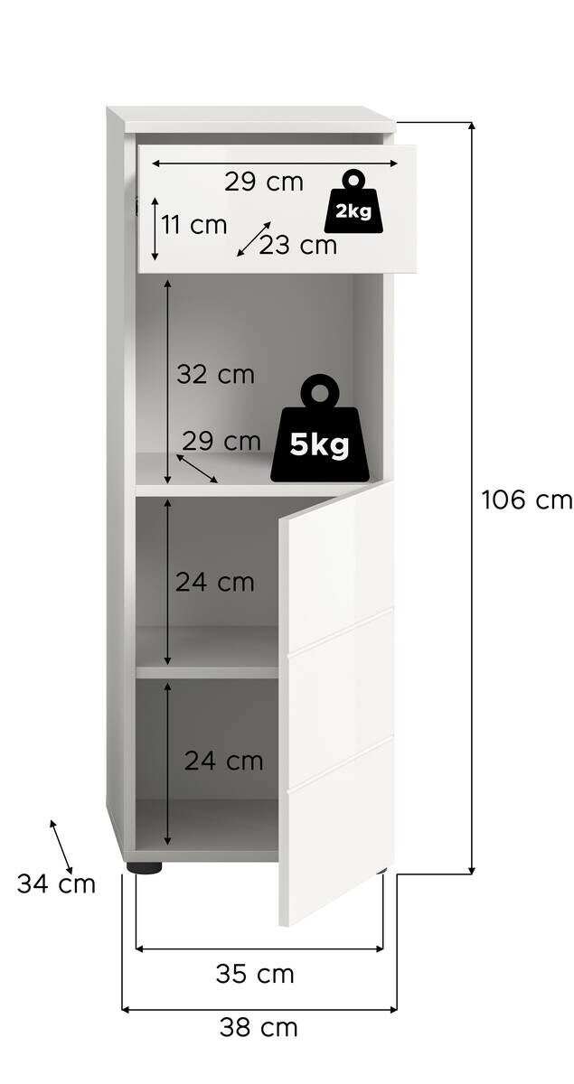Badhochschrank VIRA weiß weiß Hochglanz B/H/T: ca. 38x106x34 cm