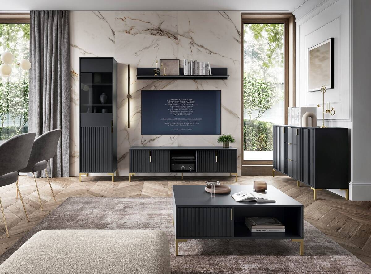 TV-Lowboard FLINN schwarz matt gold Optik B/H/T: ca. 165x50x40 cm