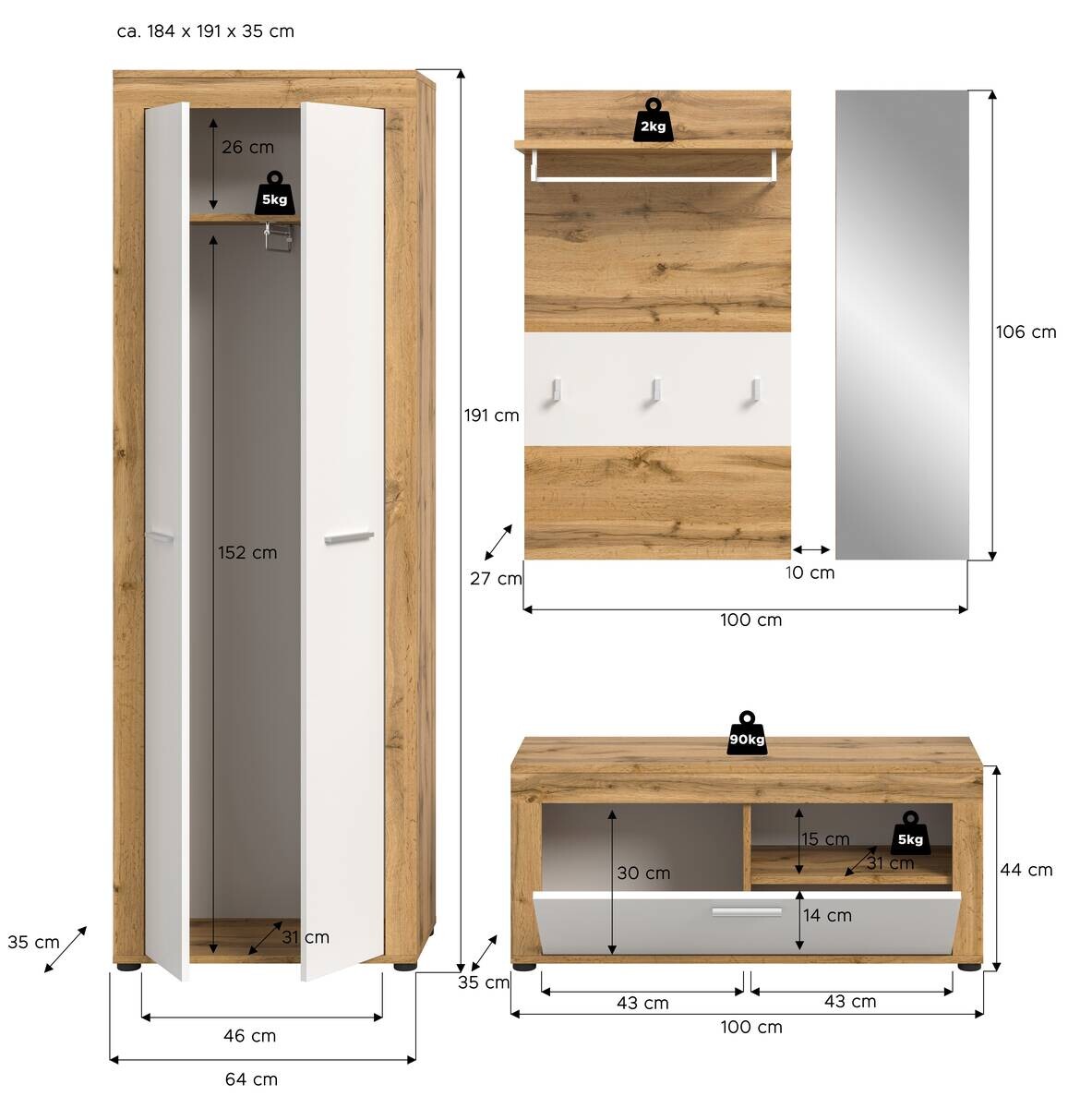 Garderobe JAM Eiche Wotan Nachbildung weiß B/H/T: ca. 184x191x35 cm