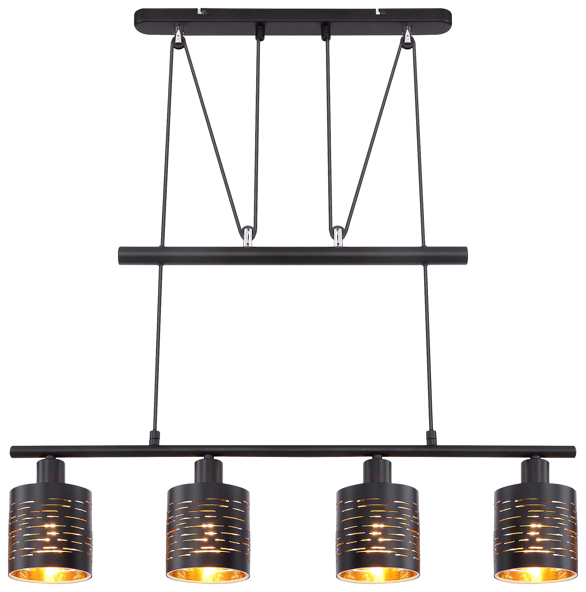 GLOBO Pendelleuchte Tunno schwarz gold Kunststoff Metall B/H: ca. 70x180 cm E14 4 Brennstellen
