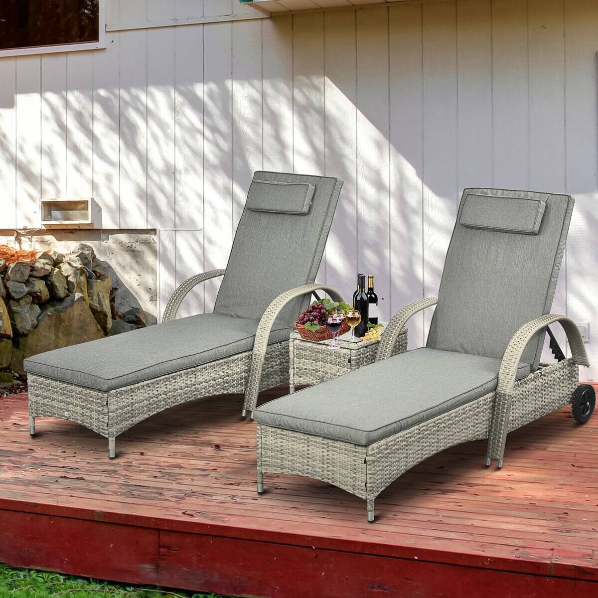 Outsunny Gartenliege-Set mit Tisch grau Polyrattan B/H/L: ca. 73x103x200 cm